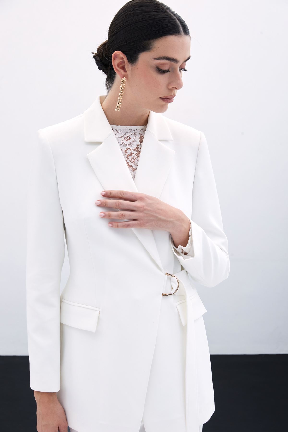 Kruvaze Yakalı Uzun Ceket - Ekru