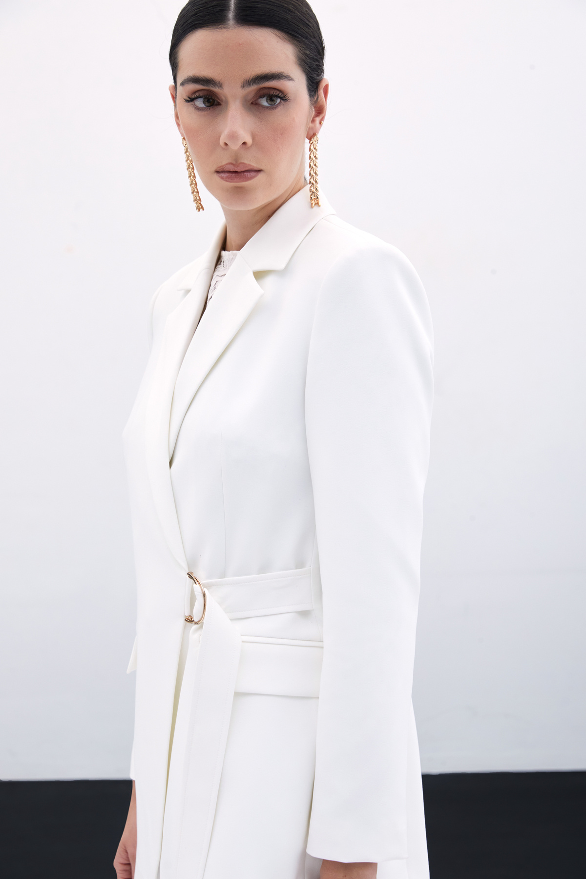 Kruvaze Yakalı Uzun Ceket - Ekru