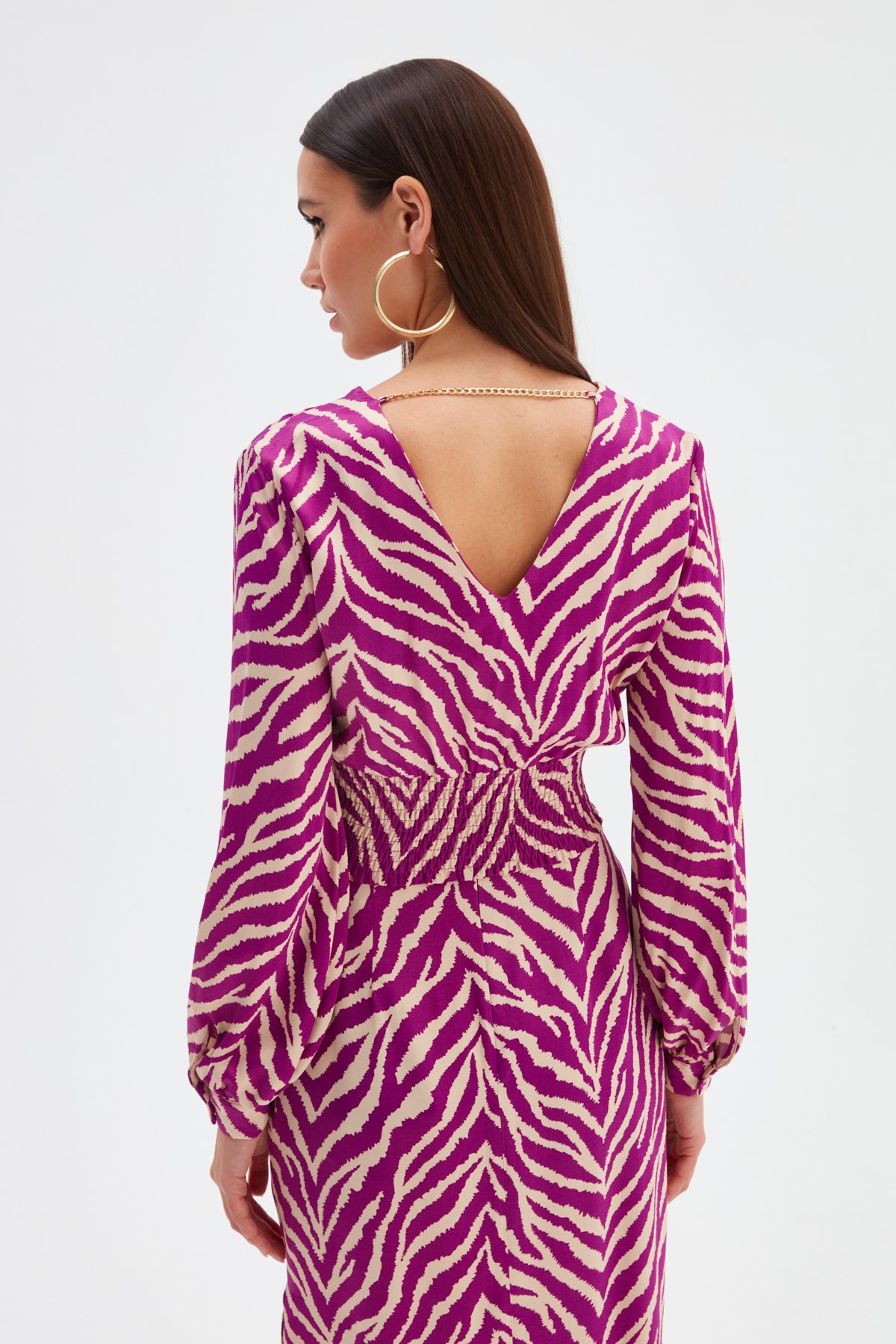 Kruvaze Zebra Desenli Saten Bluz - FUŞYA