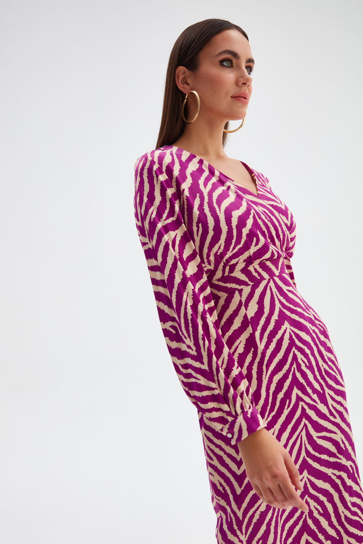 Kruvaze Zebra Desenli Saten Bluz - FUŞYA