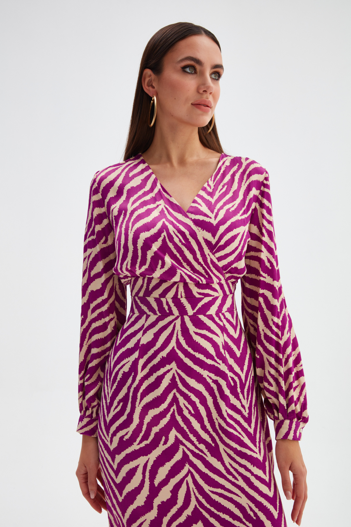 Kruvaze Zebra Desenli Saten Bluz - FUŞYA