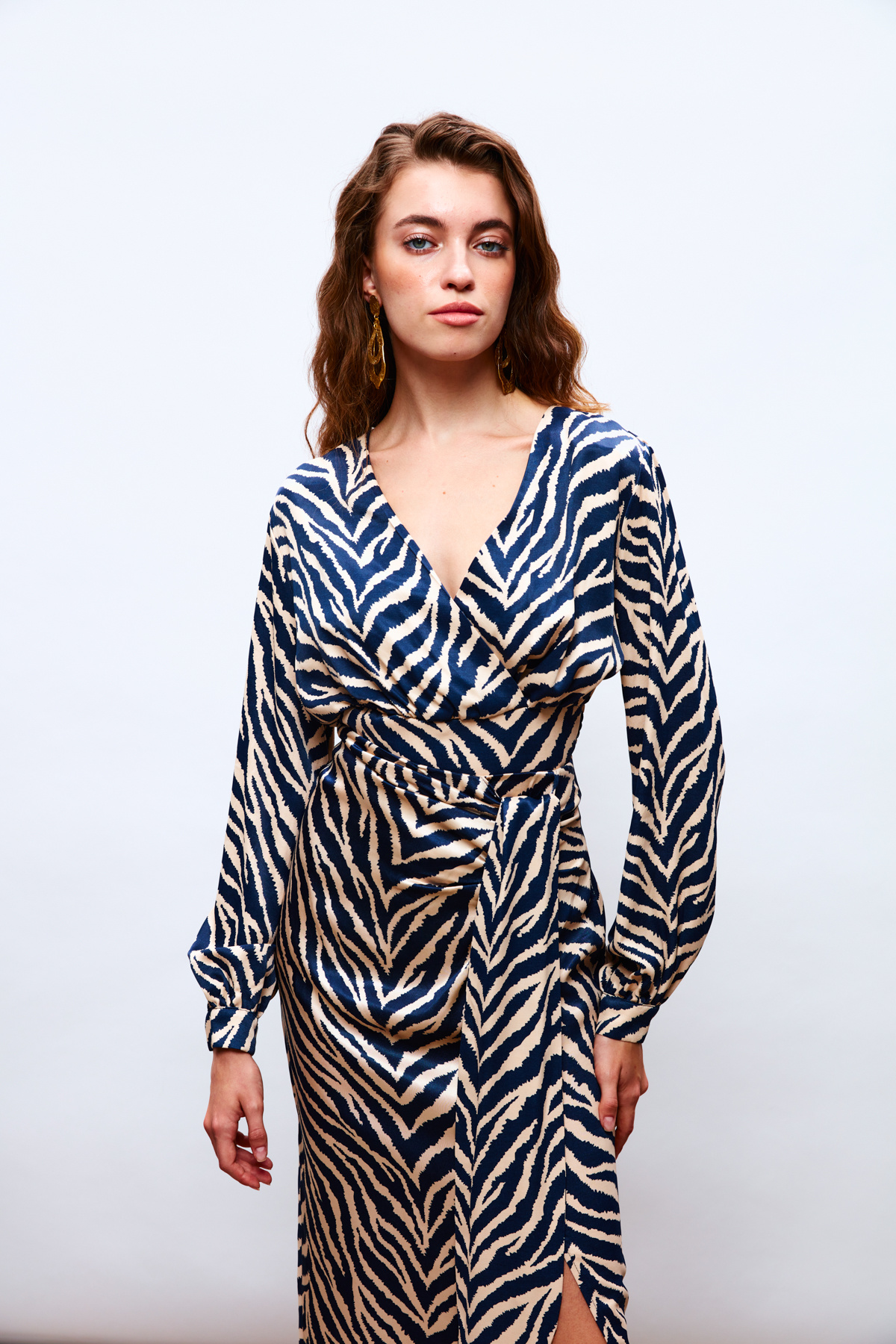 Kruvaze Zebra Desenli Saten Bluz - LACİVERT