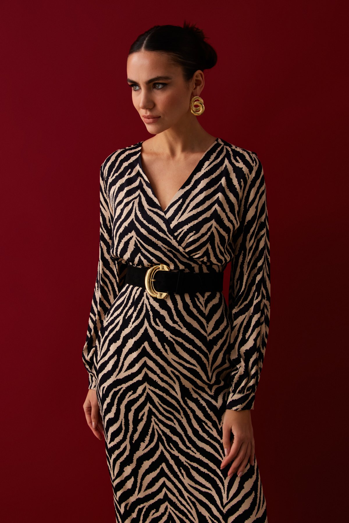 Kruvaze Zebra Desenli Saten Bluz - SİYAH