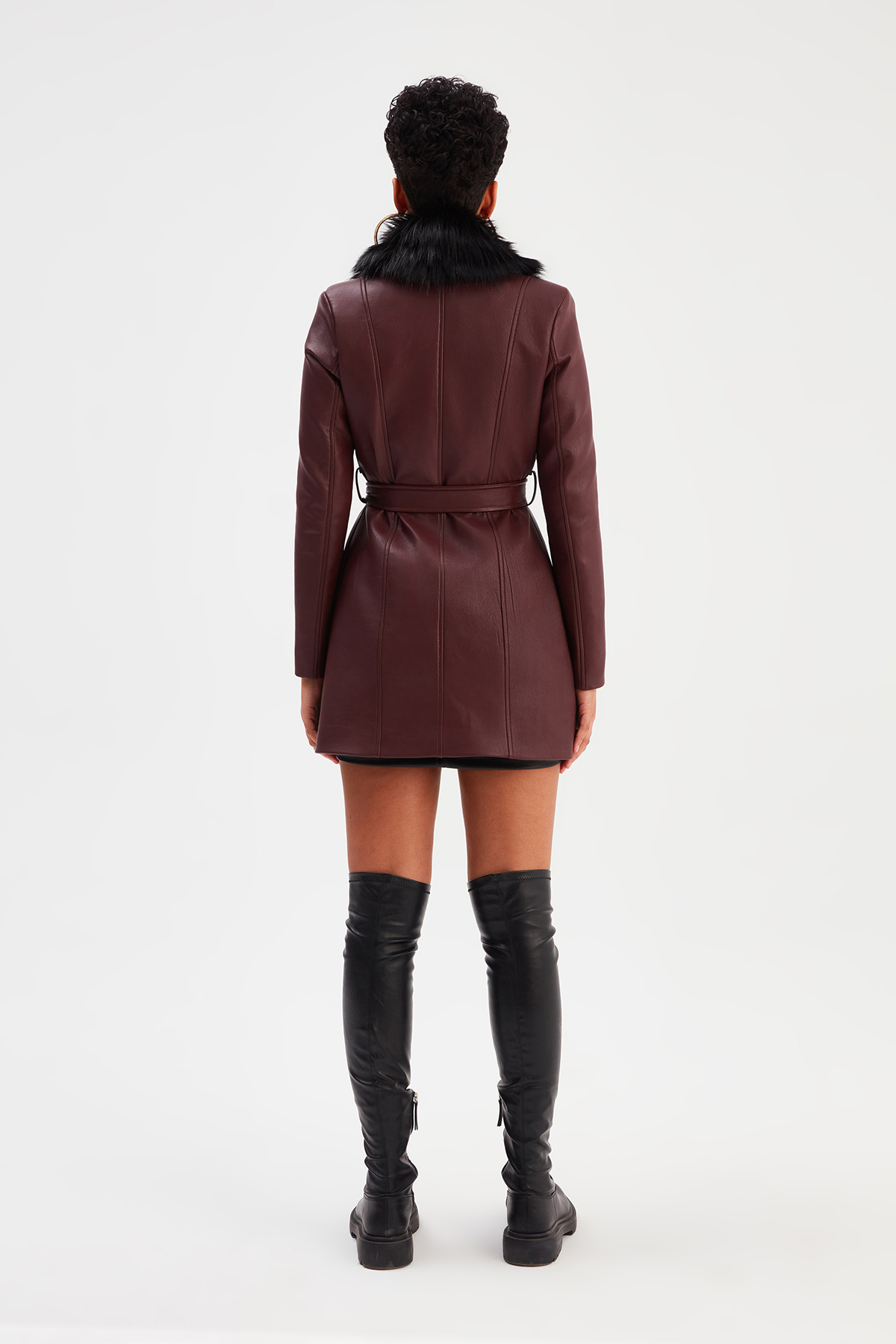Kürk Detaylı Deri Ceket - BORDO