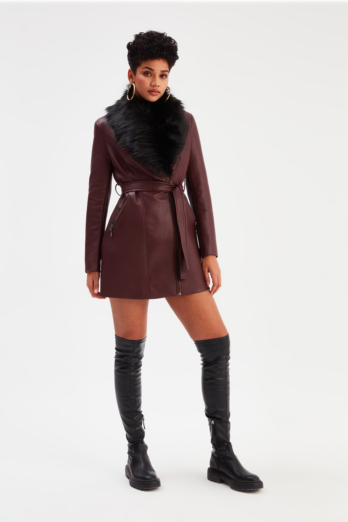 Kürk Detaylı Deri Ceket - BORDO