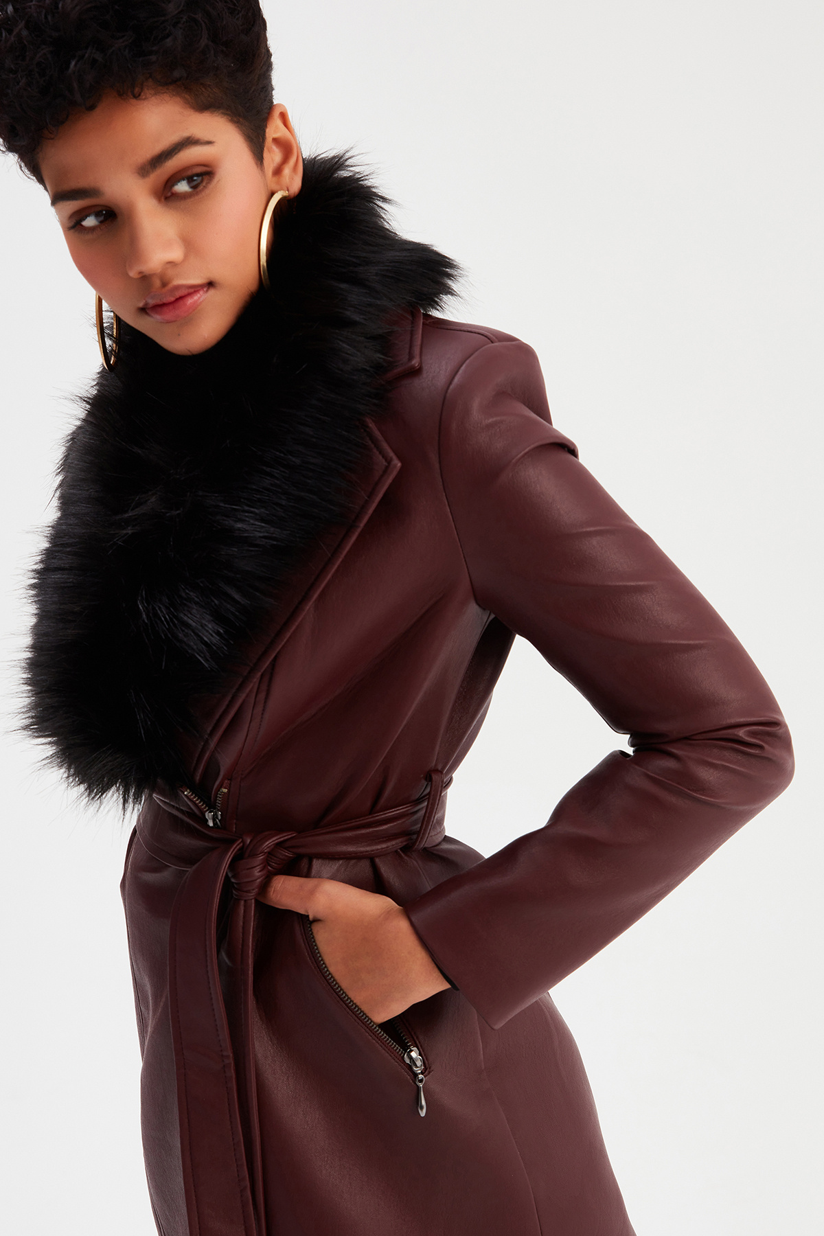 Kürk Detaylı Deri Ceket - BORDO