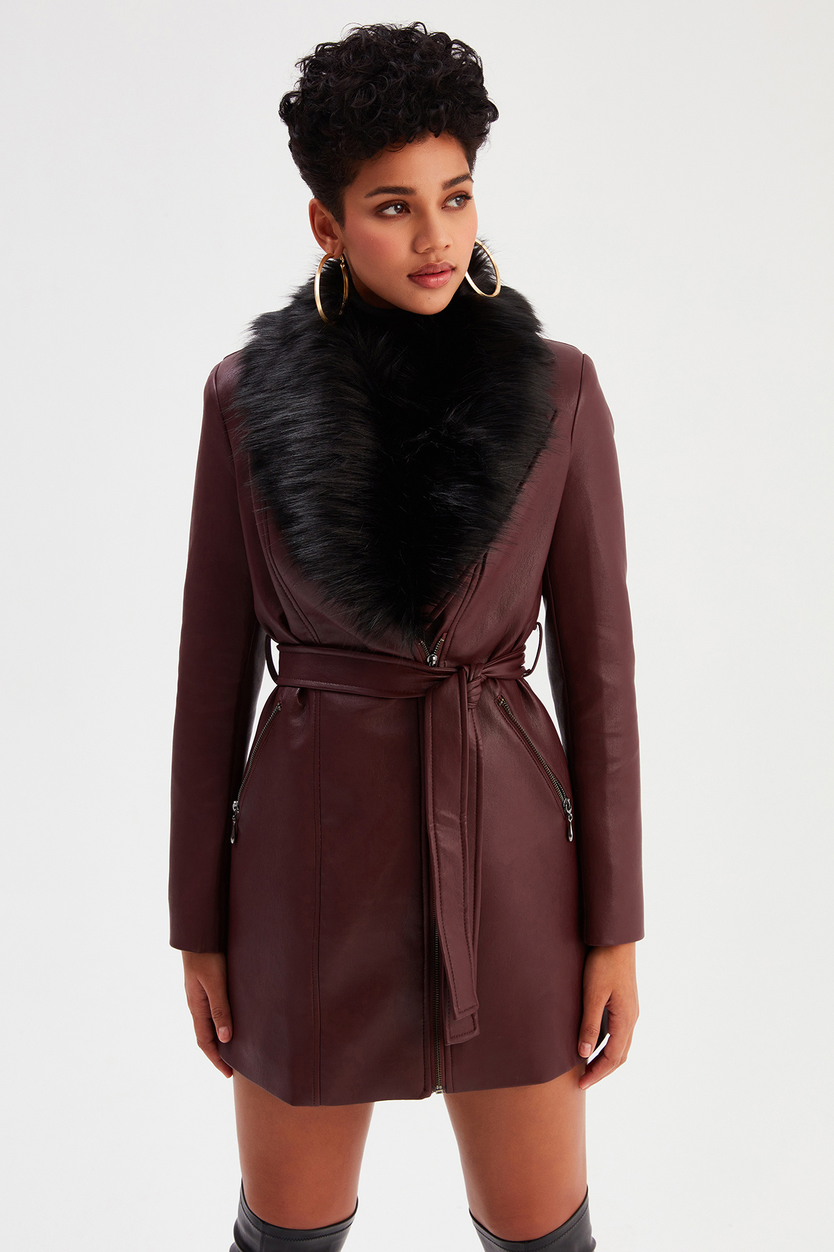 Kürk Detaylı Deri Ceket - BORDO