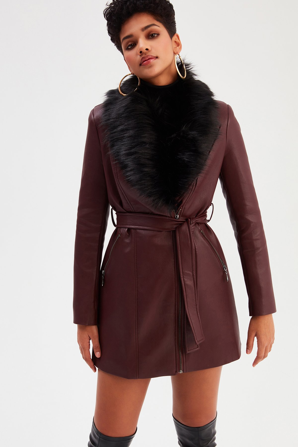 Kürk Detaylı Deri Ceket - BORDO
