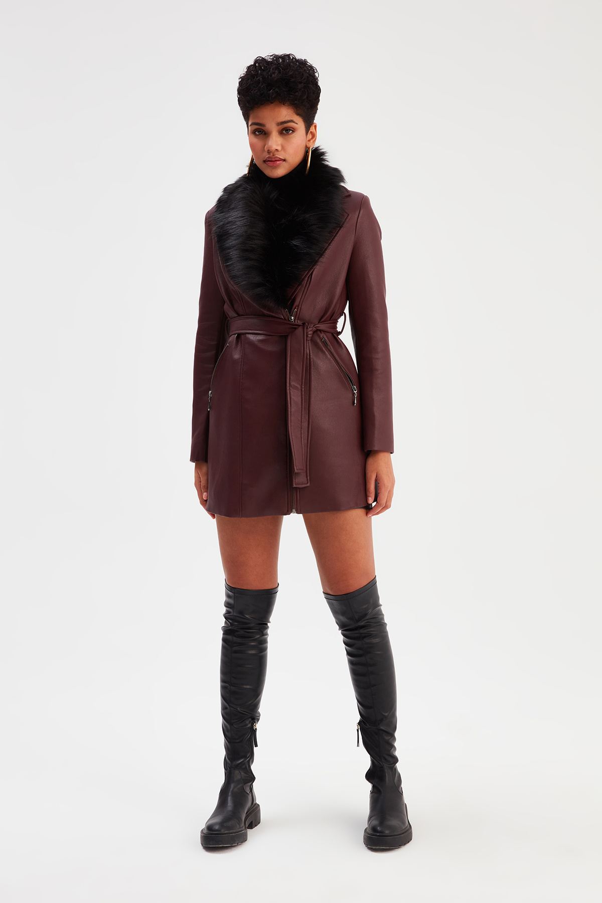 Kürk Detaylı Deri Ceket - BORDO