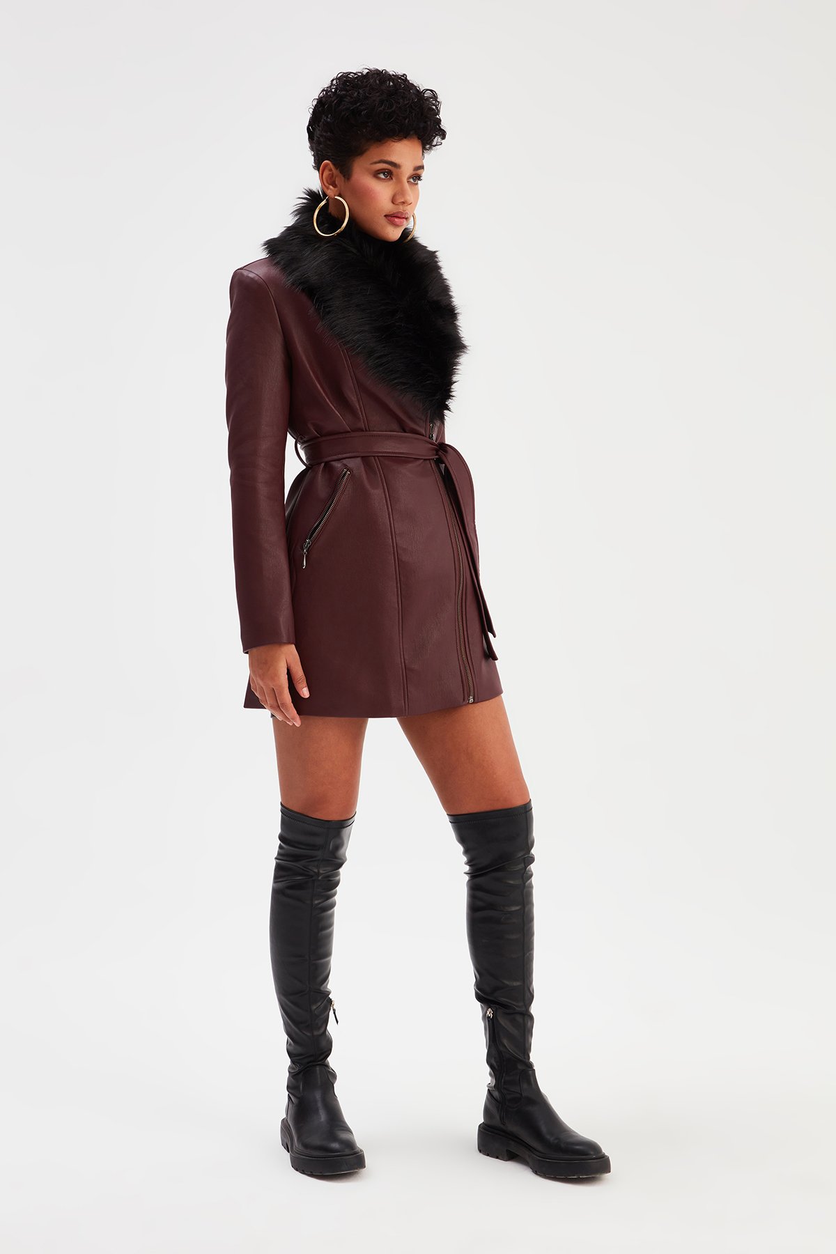 Kürk Detaylı Deri Ceket - BORDO