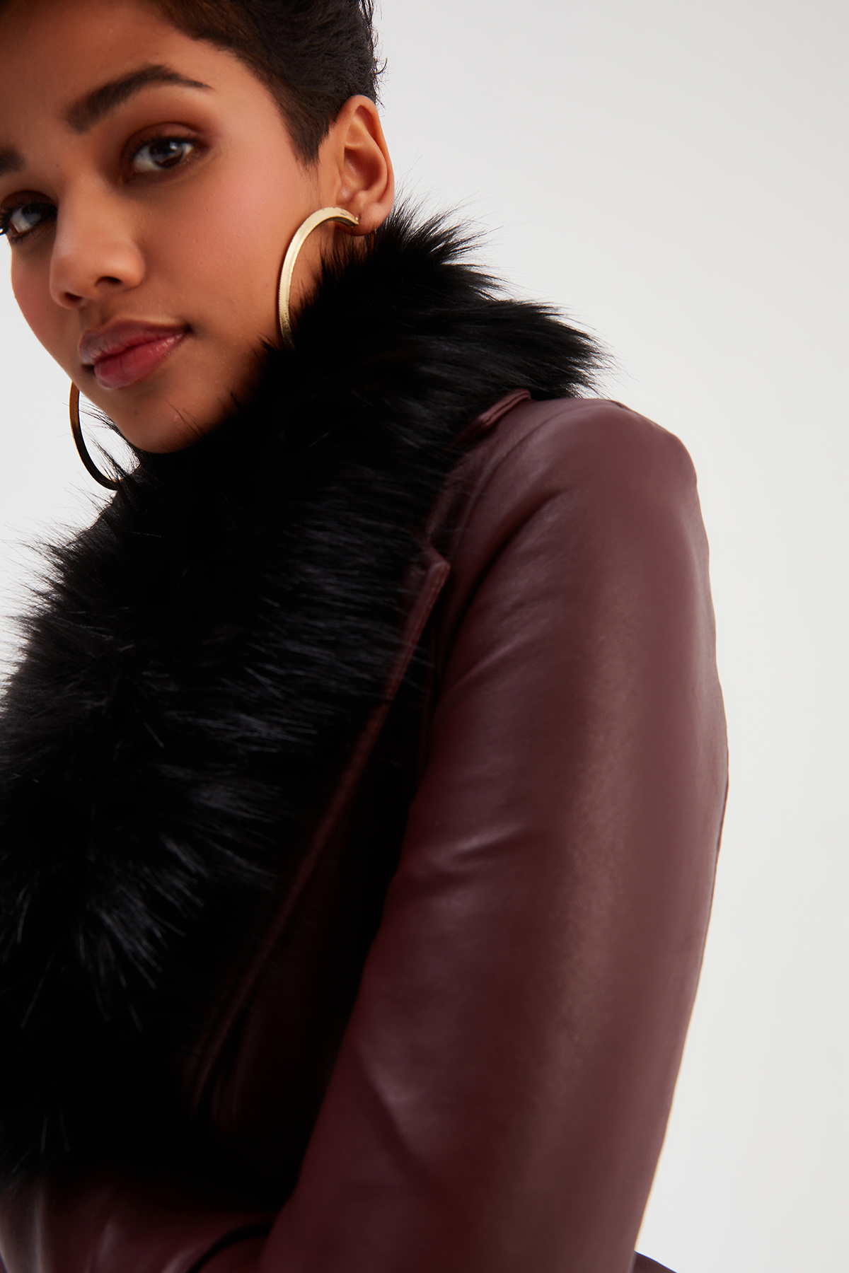 Kürk Detaylı Deri Ceket - BORDO