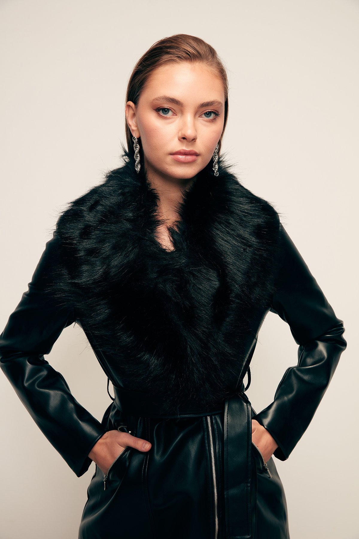 Kürk Detaylı Deri Ceket - SİYAH