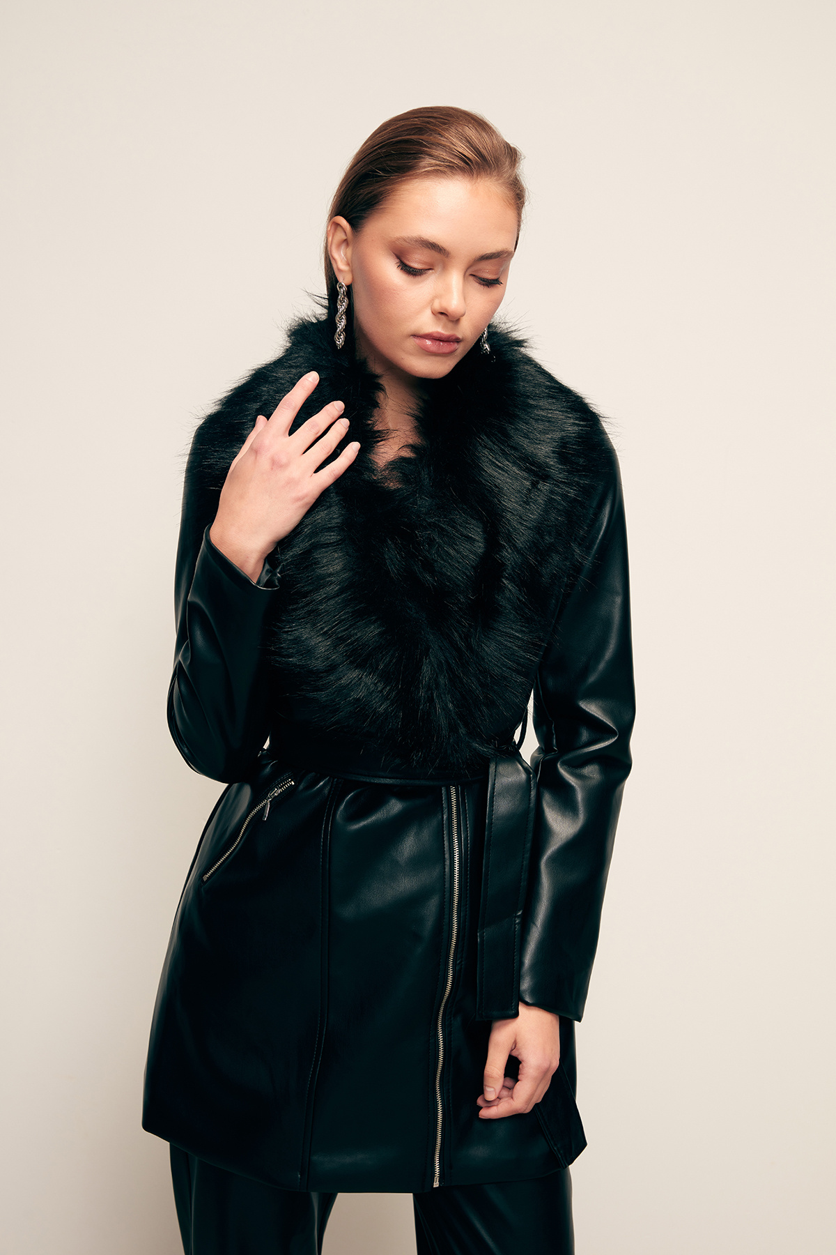 Kürk Detaylı Deri Ceket - SİYAH