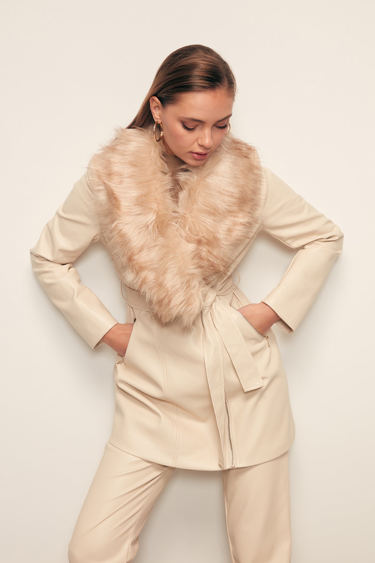 Kürk Detaylı Deri Ceket - TAŞ