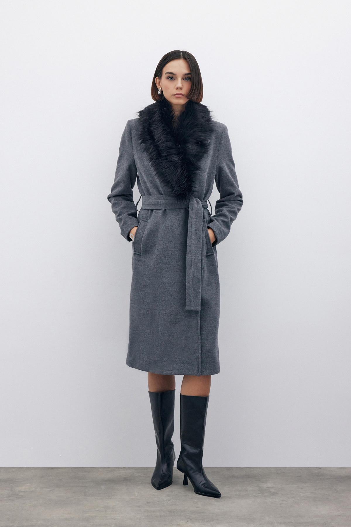 Kürklü Kaşe Kaban - GRİ