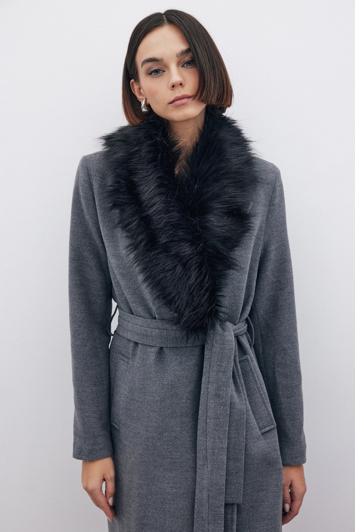 Kürklü Kaşe Kaban - GRİ