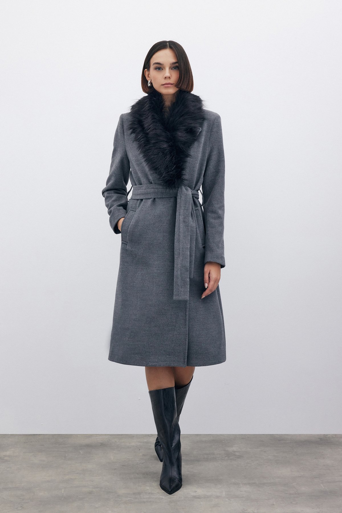 Kürklü Kaşe Kaban - GRİ