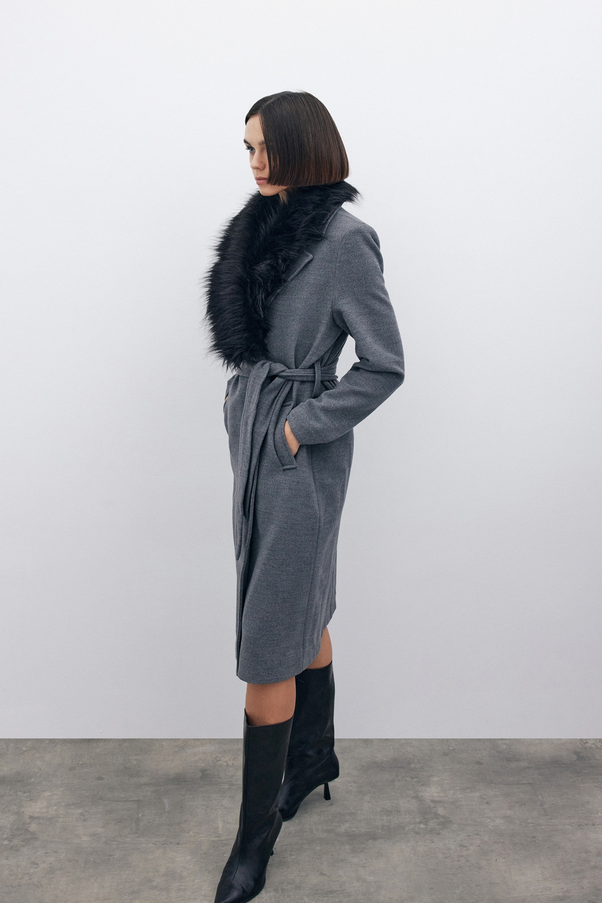 Kürklü Kaşe Kaban - GRİ