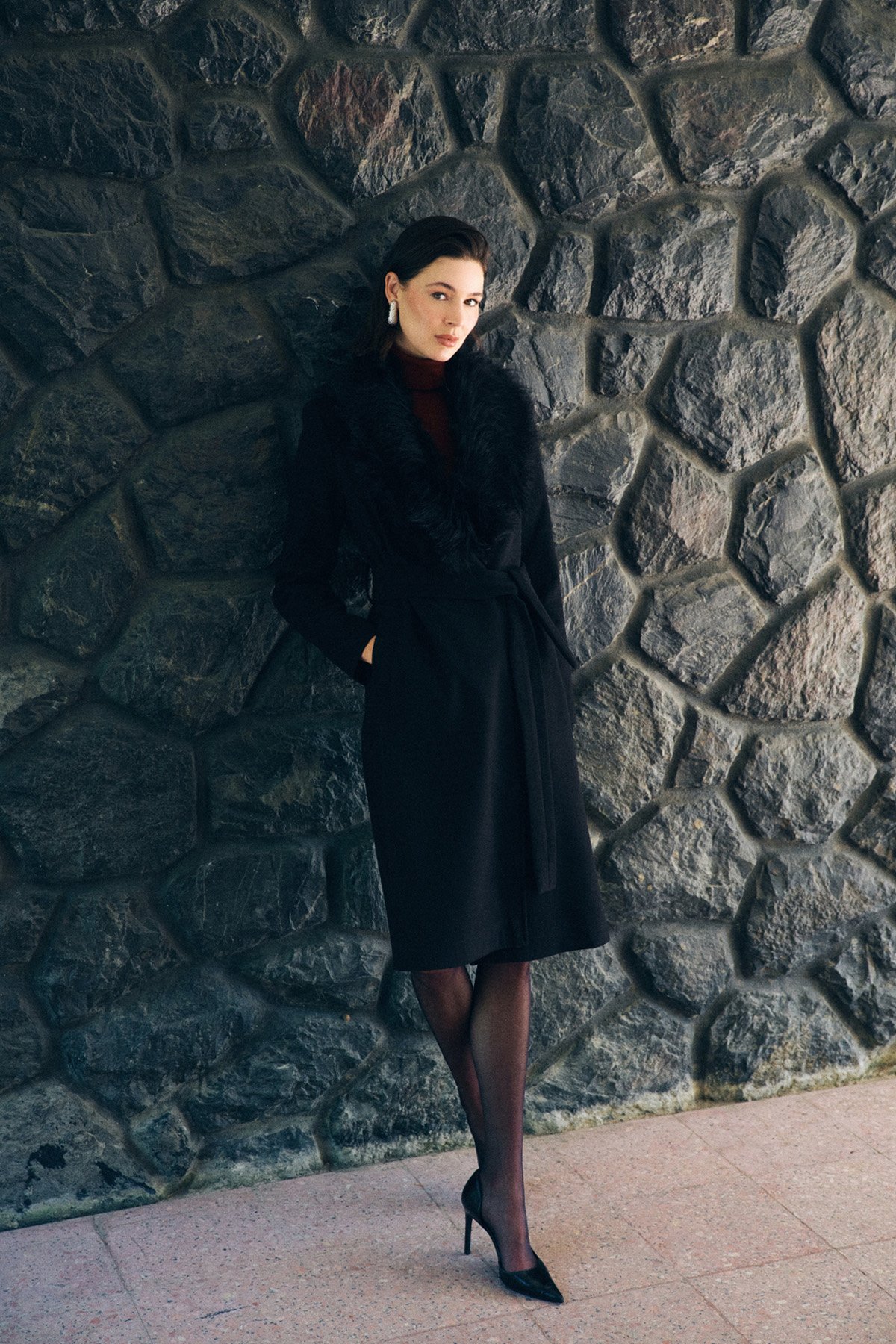 Kürklü Kaşe Kaban - Siyah