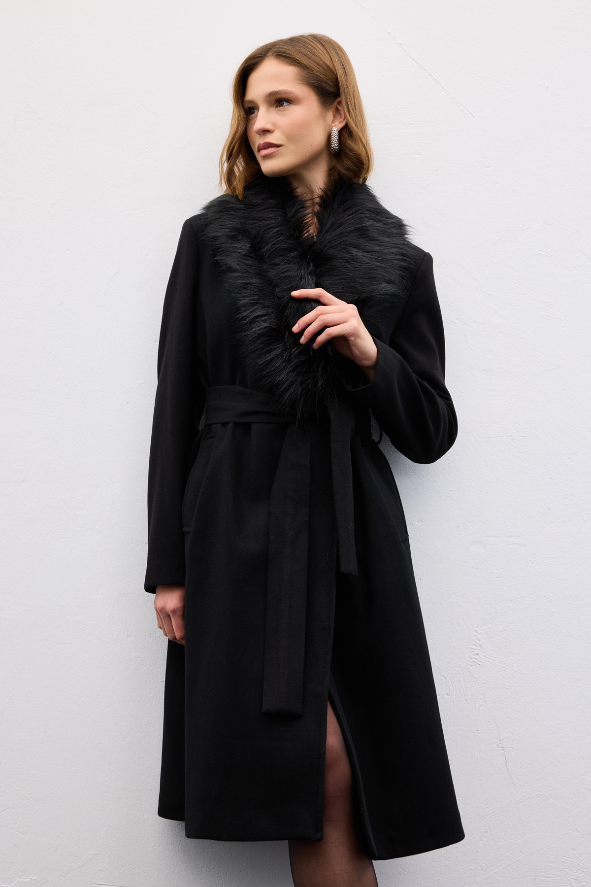 Kürklü Kaşe Kaban - Siyah