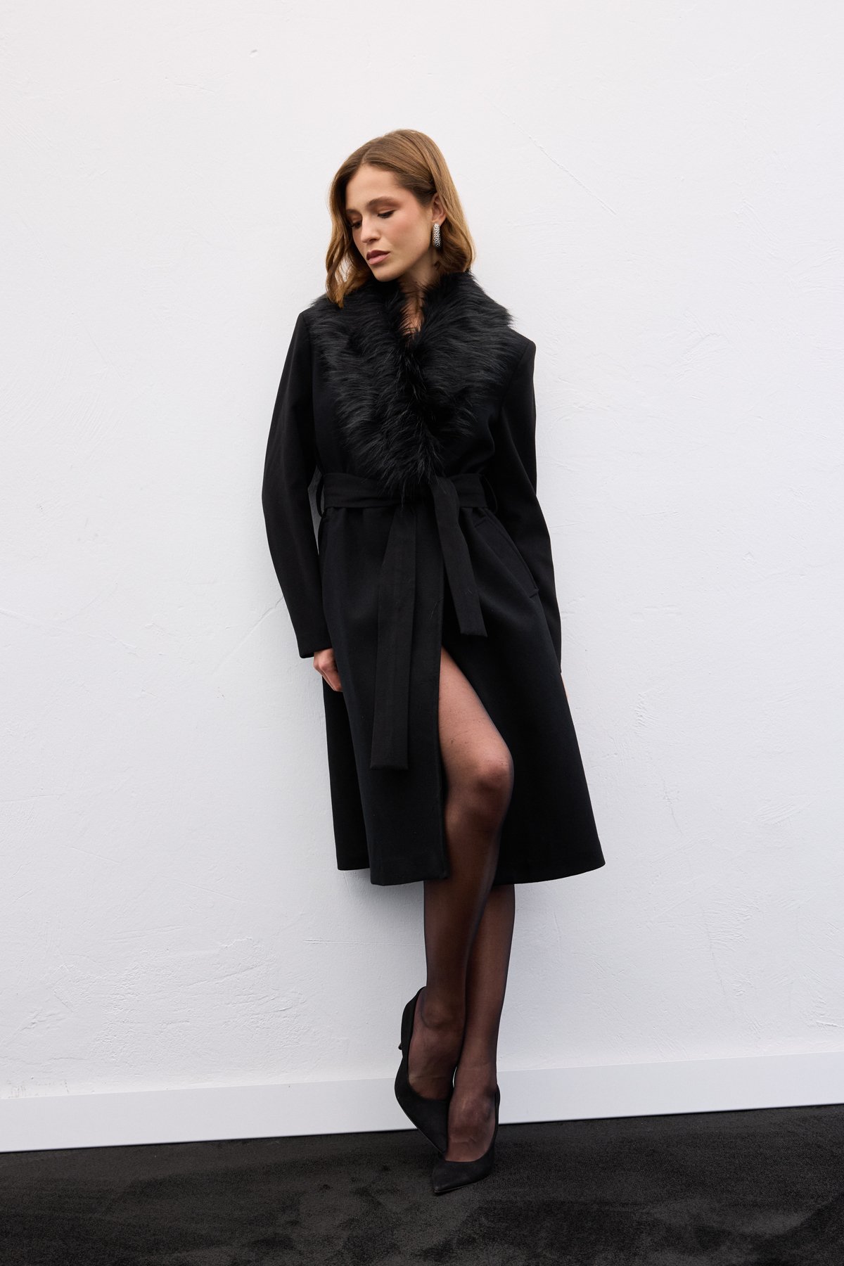 Kürklü Kaşe Kaban - Siyah