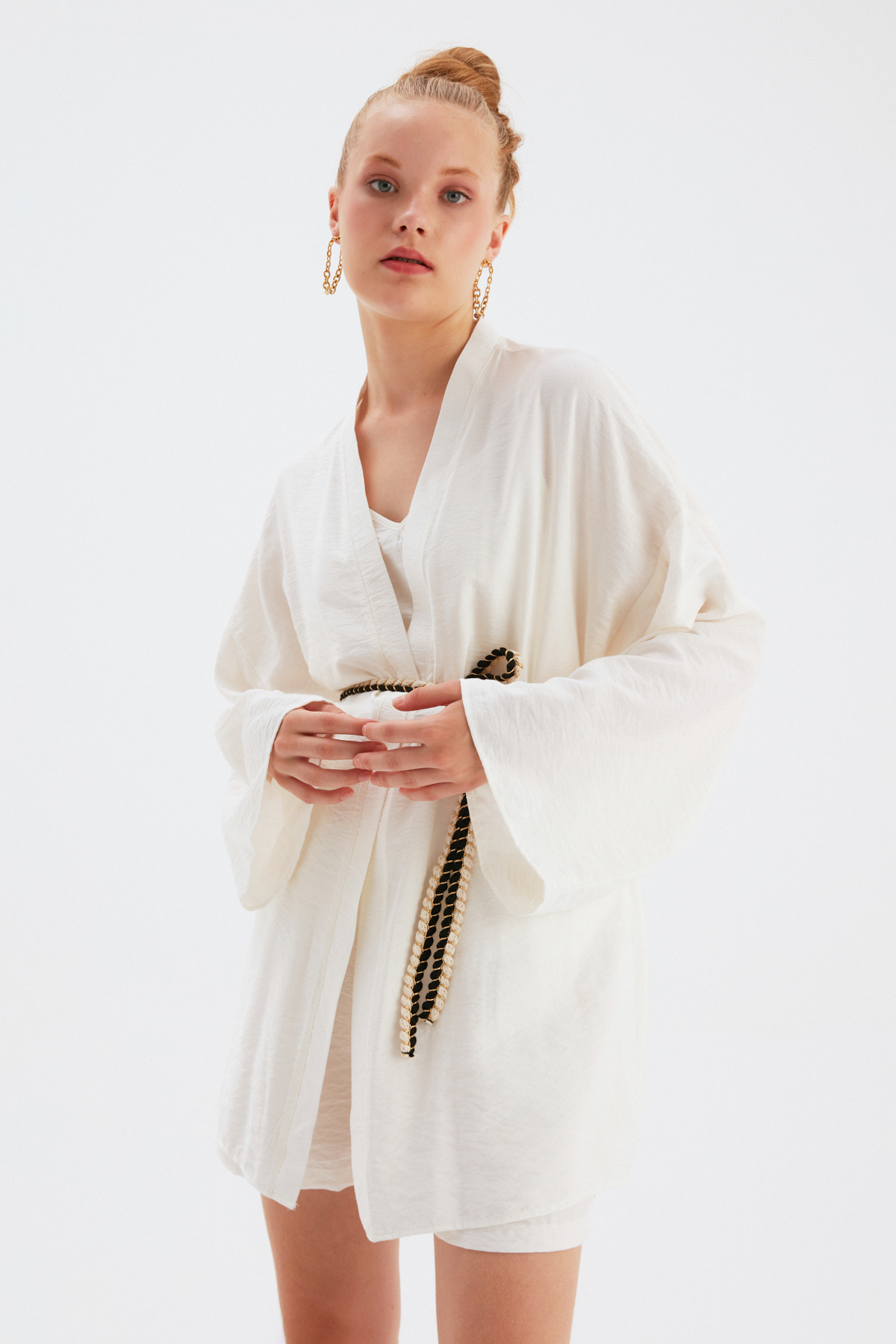 Kuşak Detaylı Salaş Kimono - EKRU