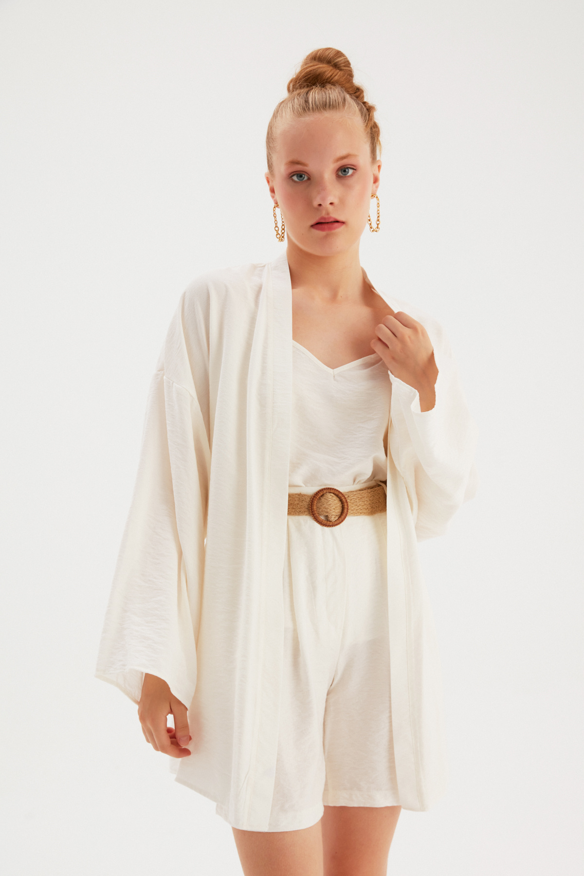 Kuşak Detaylı Salaş Kimono - EKRU