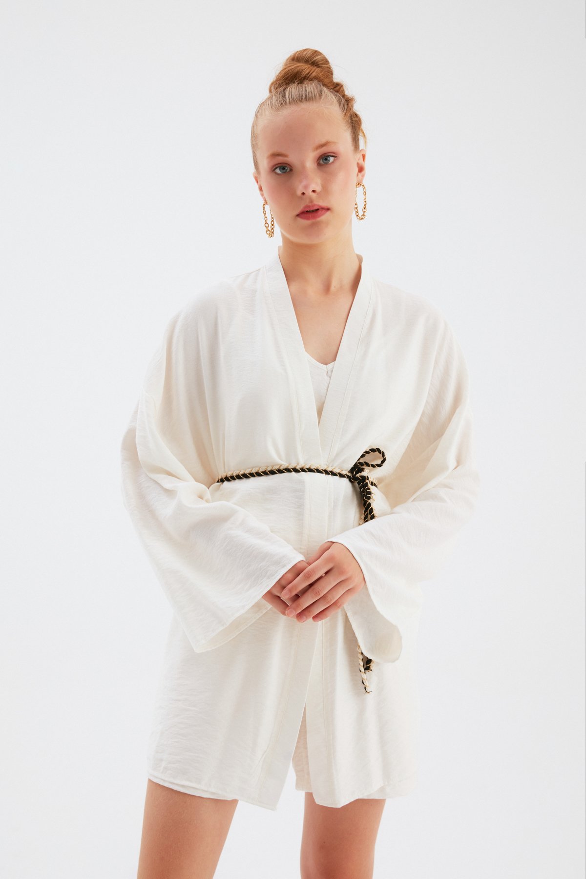 Kuşak Detaylı Salaş Kimono - EKRU