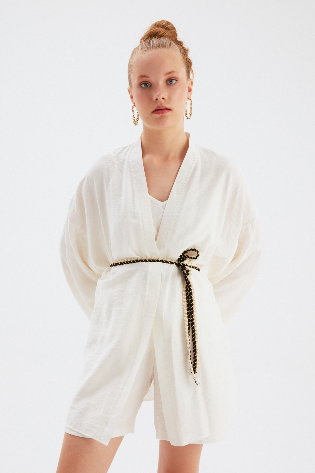 Kuşak Detaylı Salaş Kimono - EKRU