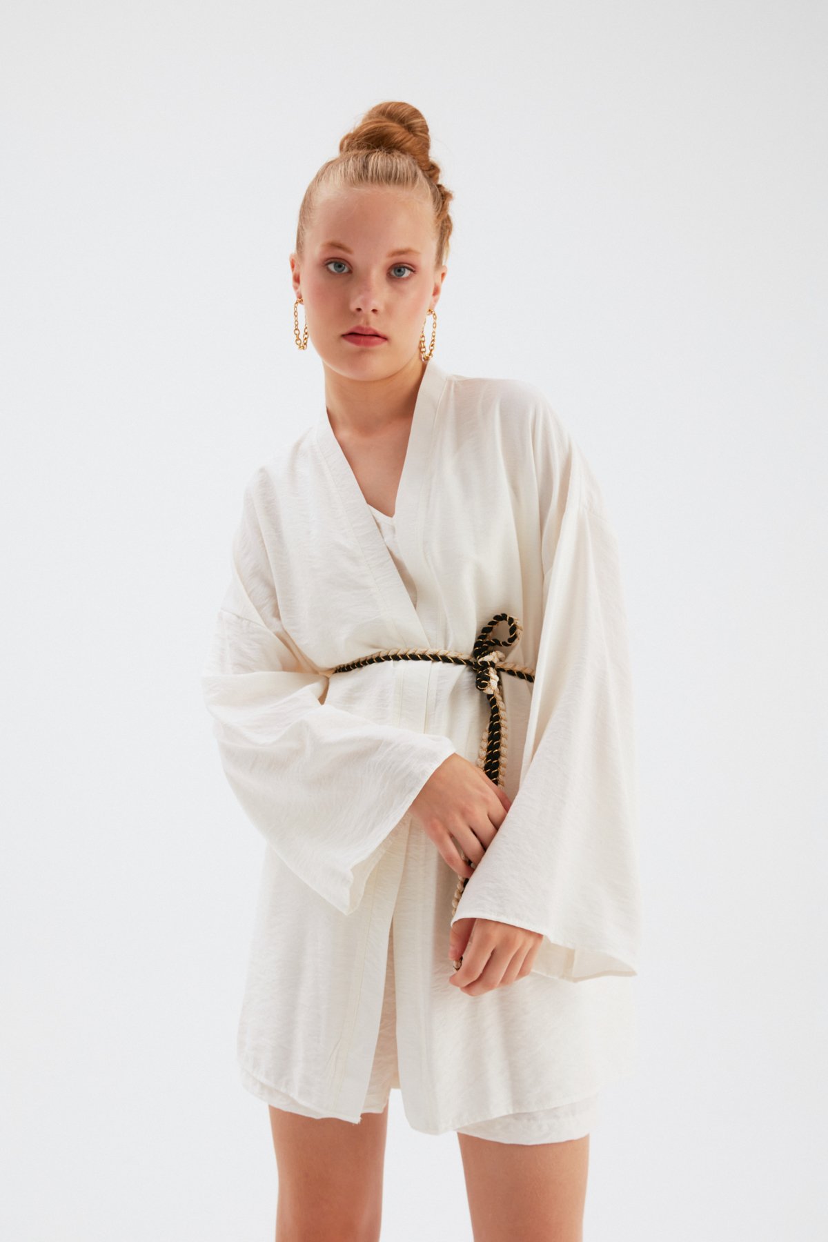 Kuşak Detaylı Salaş Kimono - EKRU