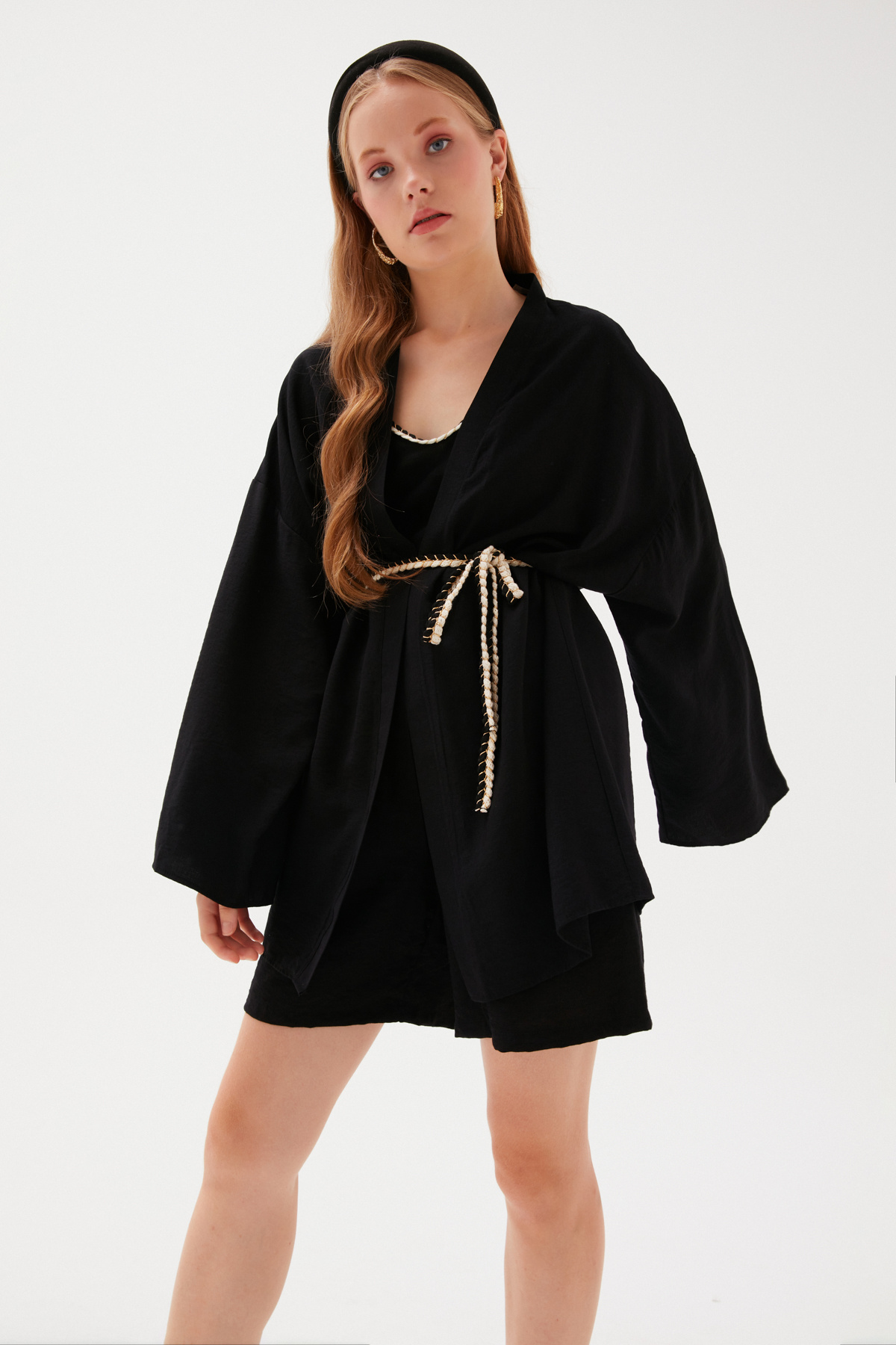 Kuşak Detaylı Salaş Kimono - SİYAH