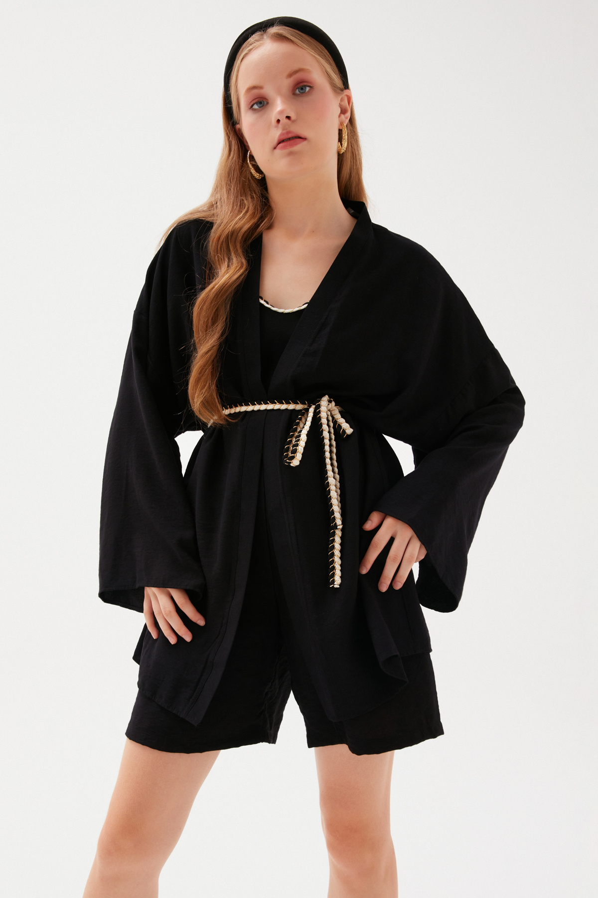 Kuşak Detaylı Salaş Kimono - SİYAH