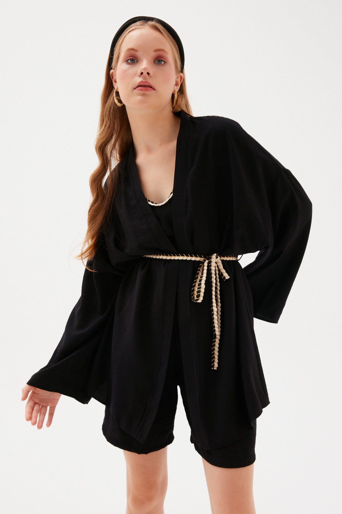 Kuşak Detaylı Salaş Kimono - SİYAH