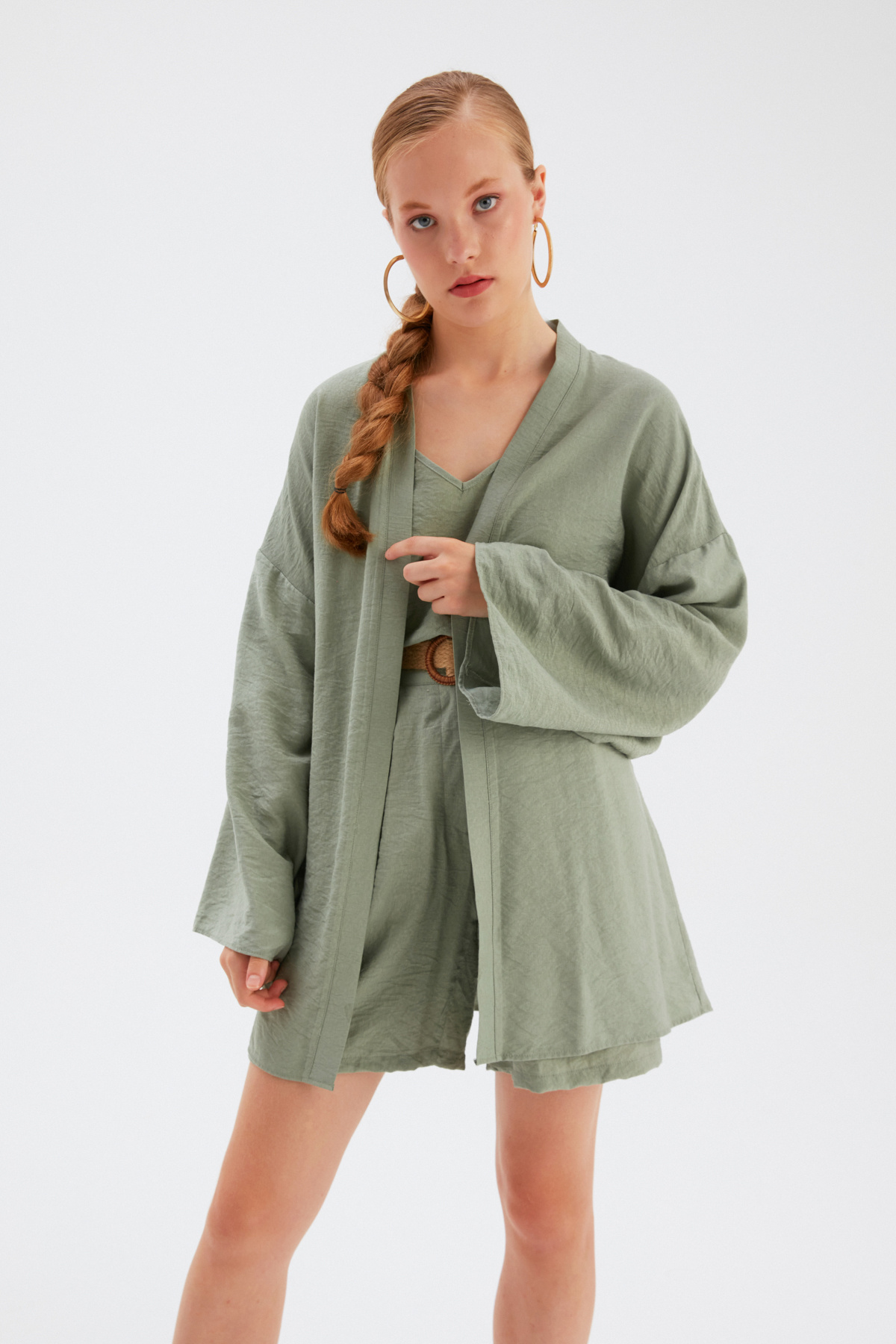 Kuşak Detaylı Salaş Kimono - YEŞİL