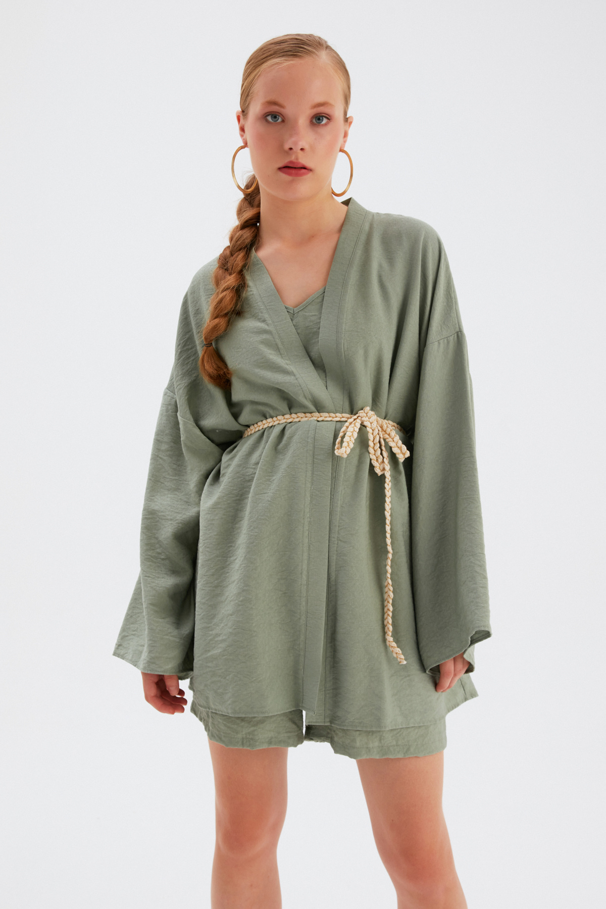 Kuşak Detaylı Salaş Kimono - YEŞİL