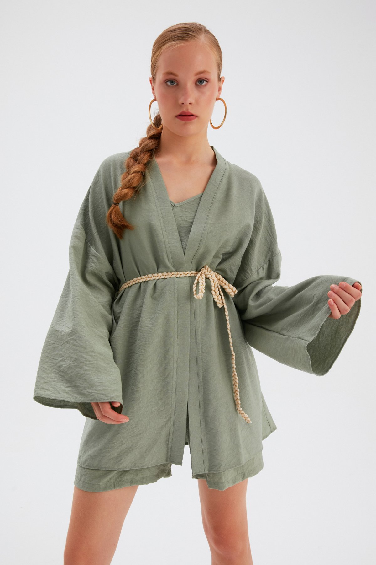 Kuşak Detaylı Salaş Kimono - YEŞİL
