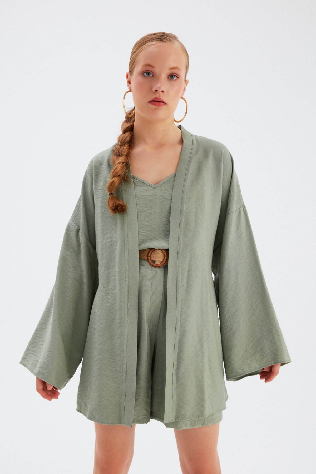 Kuşak Detaylı Salaş Kimono - YEŞİL