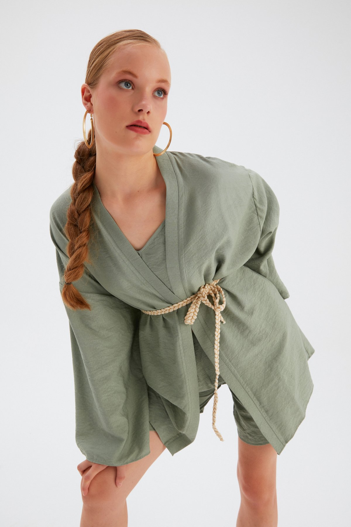 Kuşak Detaylı Salaş Kimono - YEŞİL