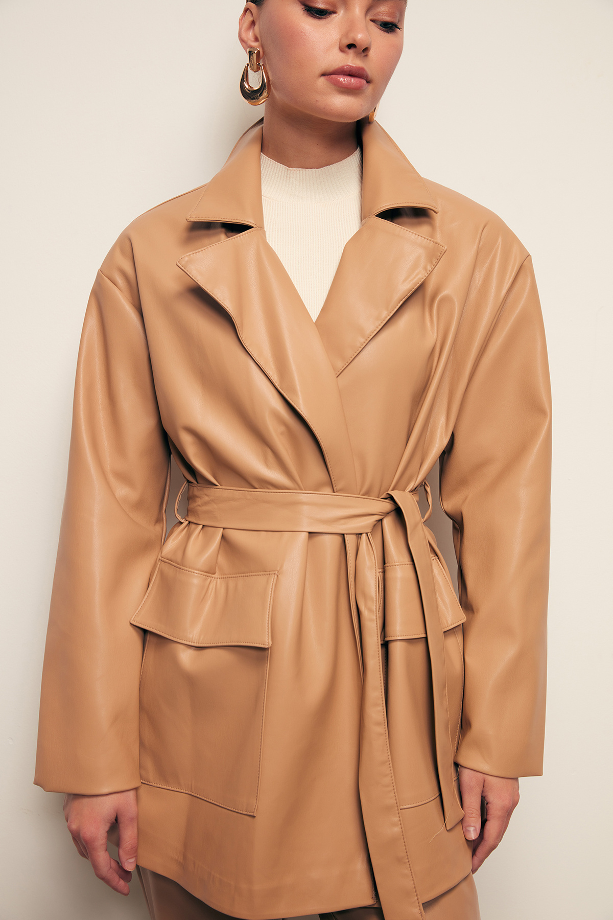 Belted Leather Jacket - BEIGE