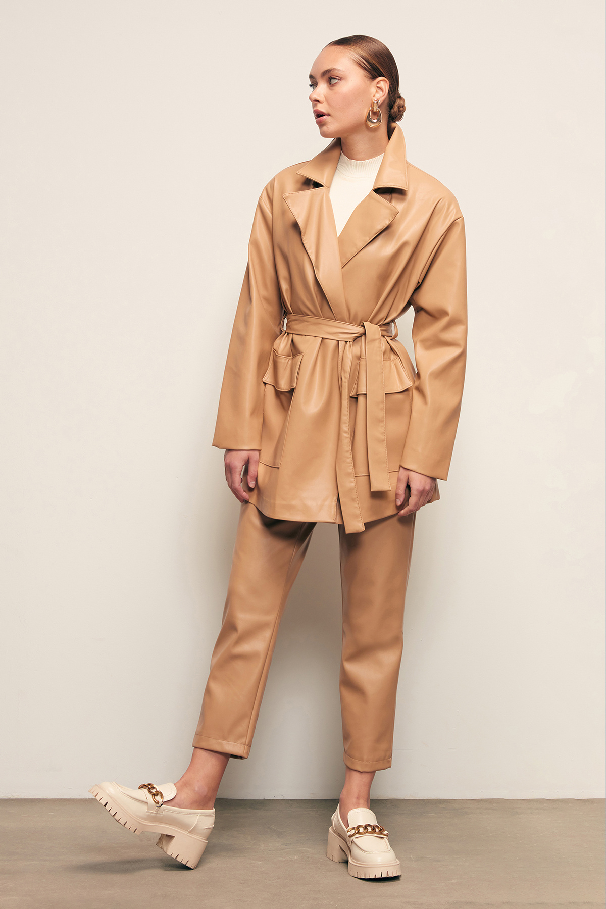 Belted Leather Jacket - BEIGE