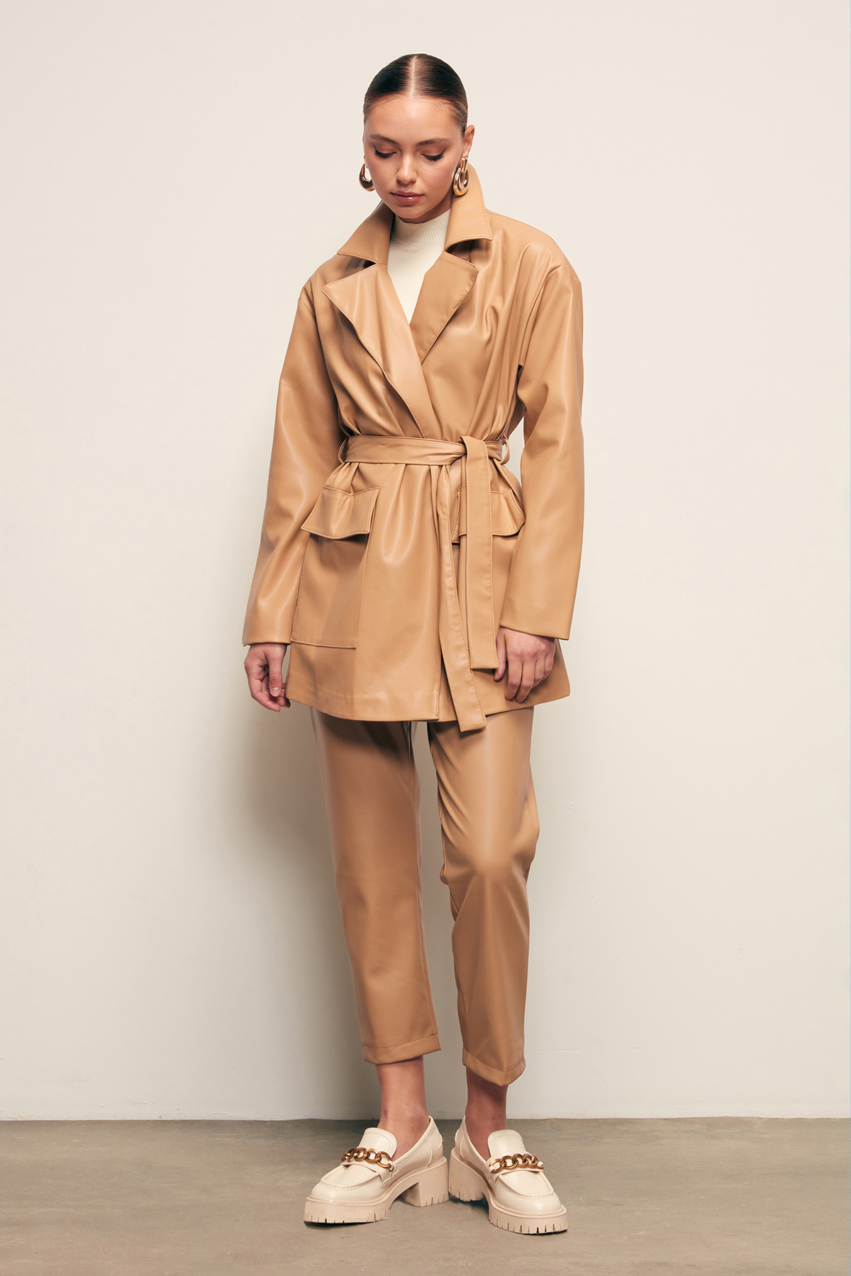 Belted Leather Jacket - BEIGE