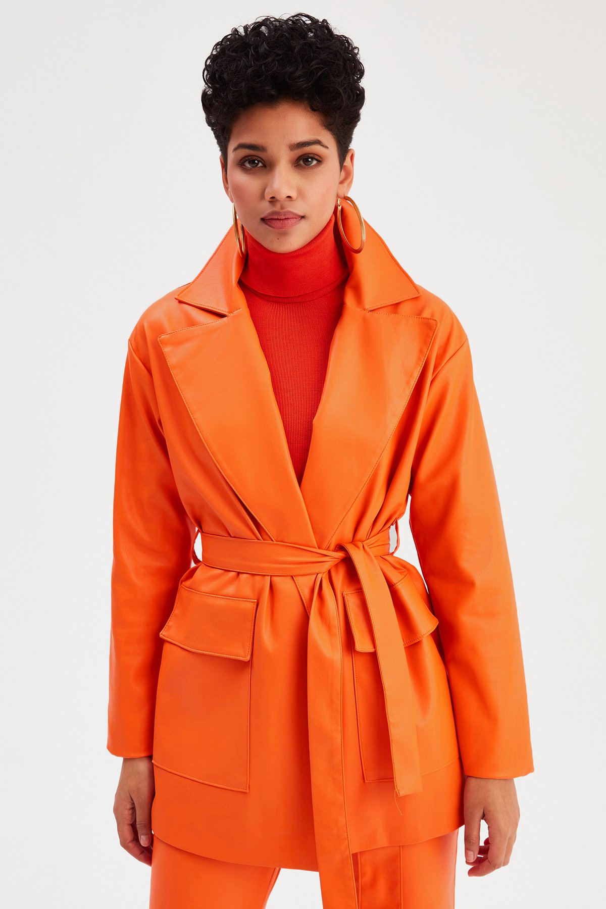 Kuşaklı Deri Ceket - ORANJ