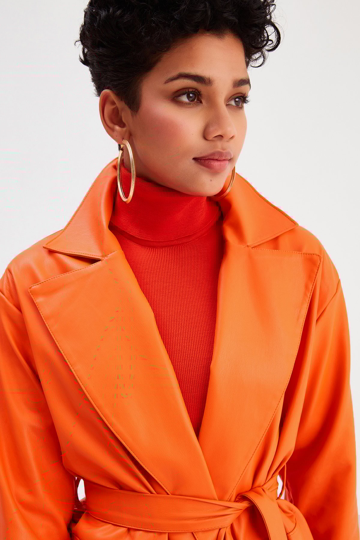 Kuşaklı Deri Ceket - ORANJ