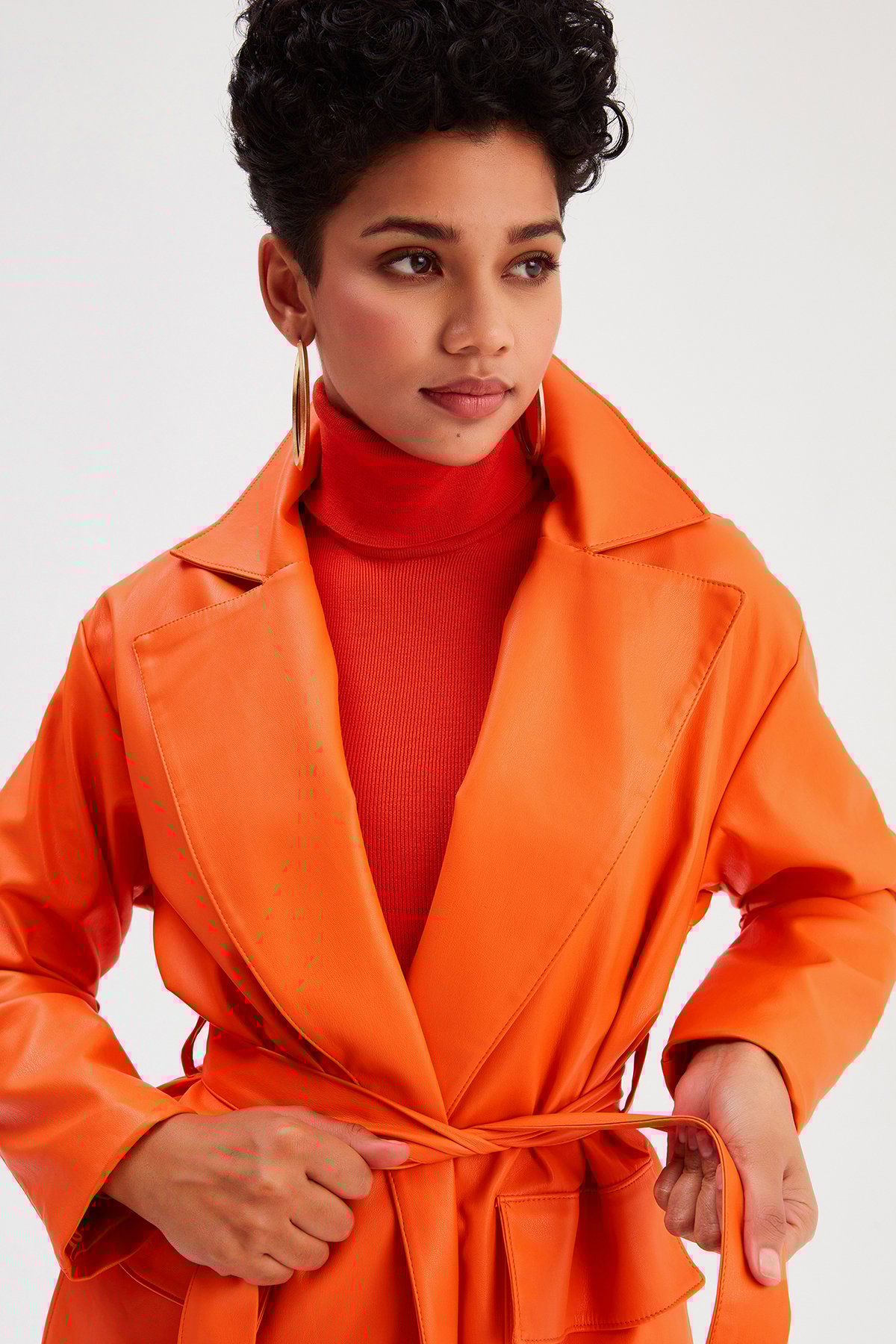 Kuşaklı Deri Ceket - ORANJ