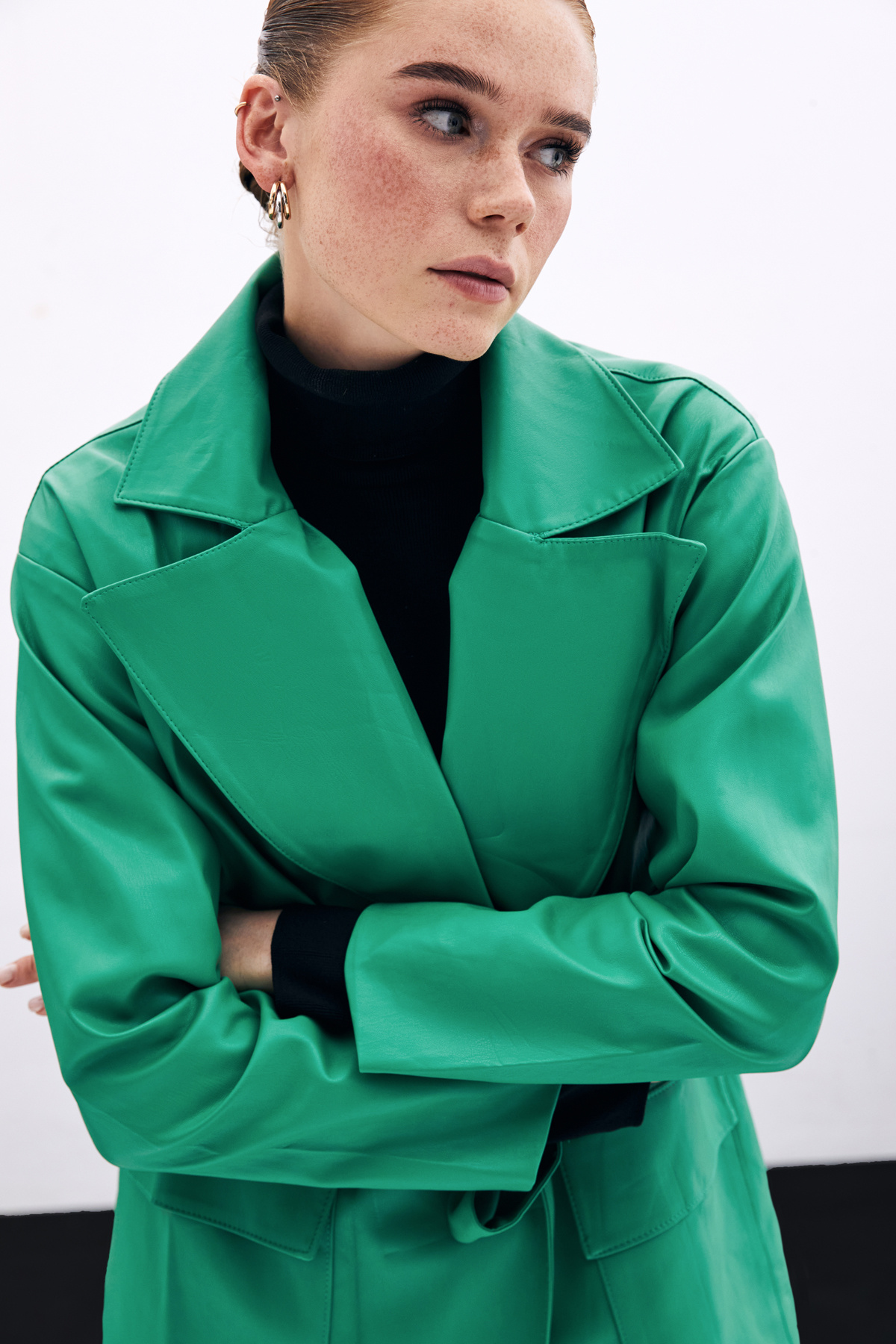 Kuşaklı Deri Ceket - Yeşil