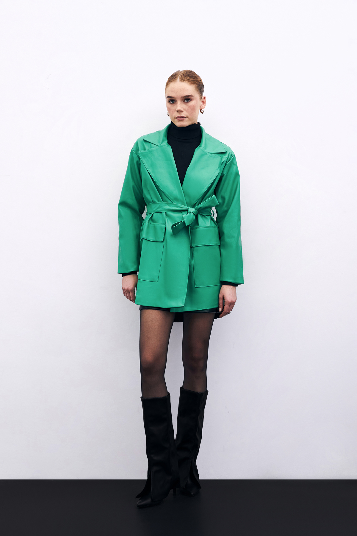 Kuşaklı Deri Ceket - Yeşil