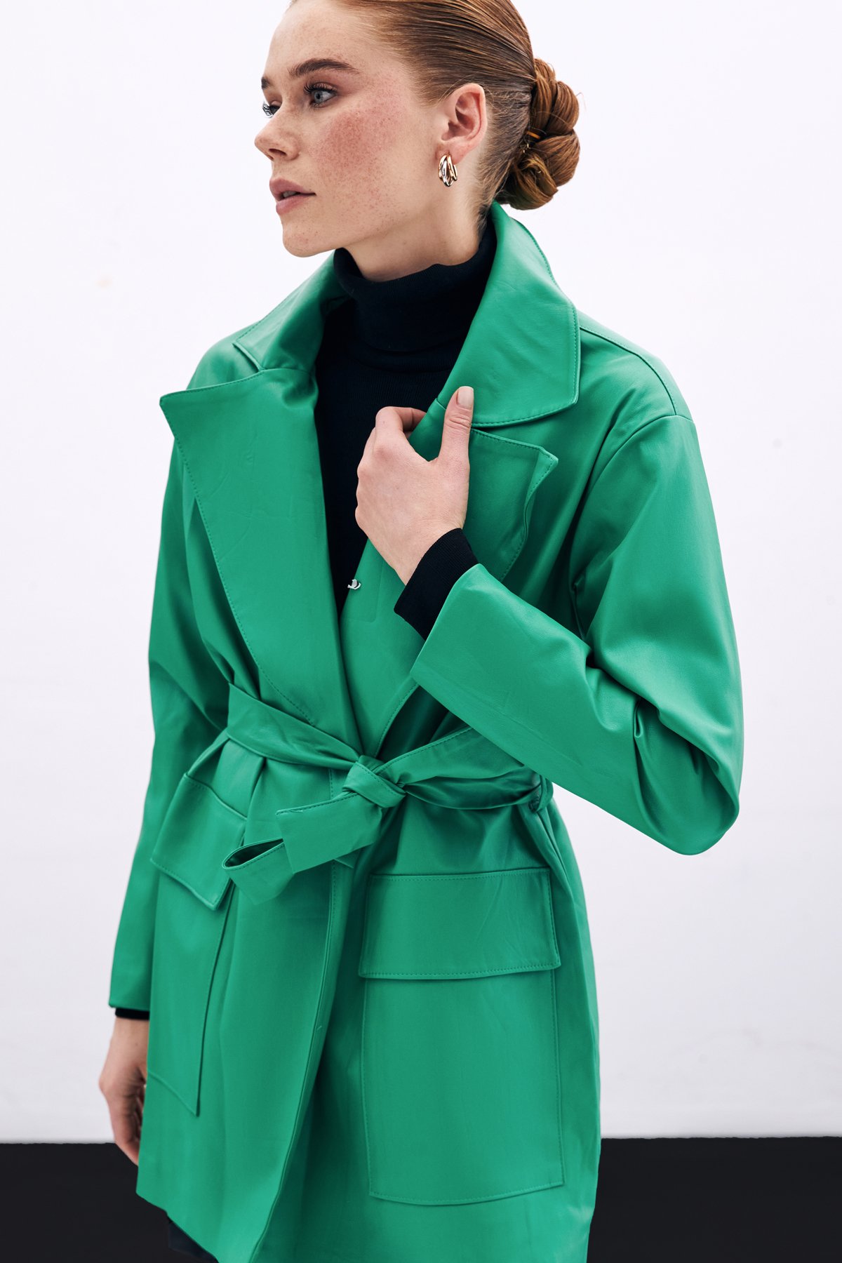 Kuşaklı Deri Ceket - Yeşil