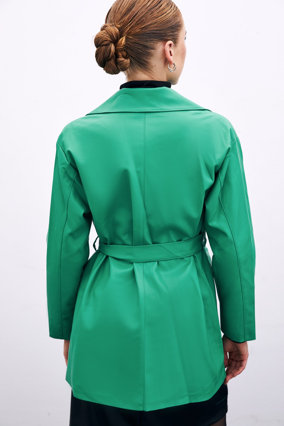 Kuşaklı Deri Ceket - Yeşil
