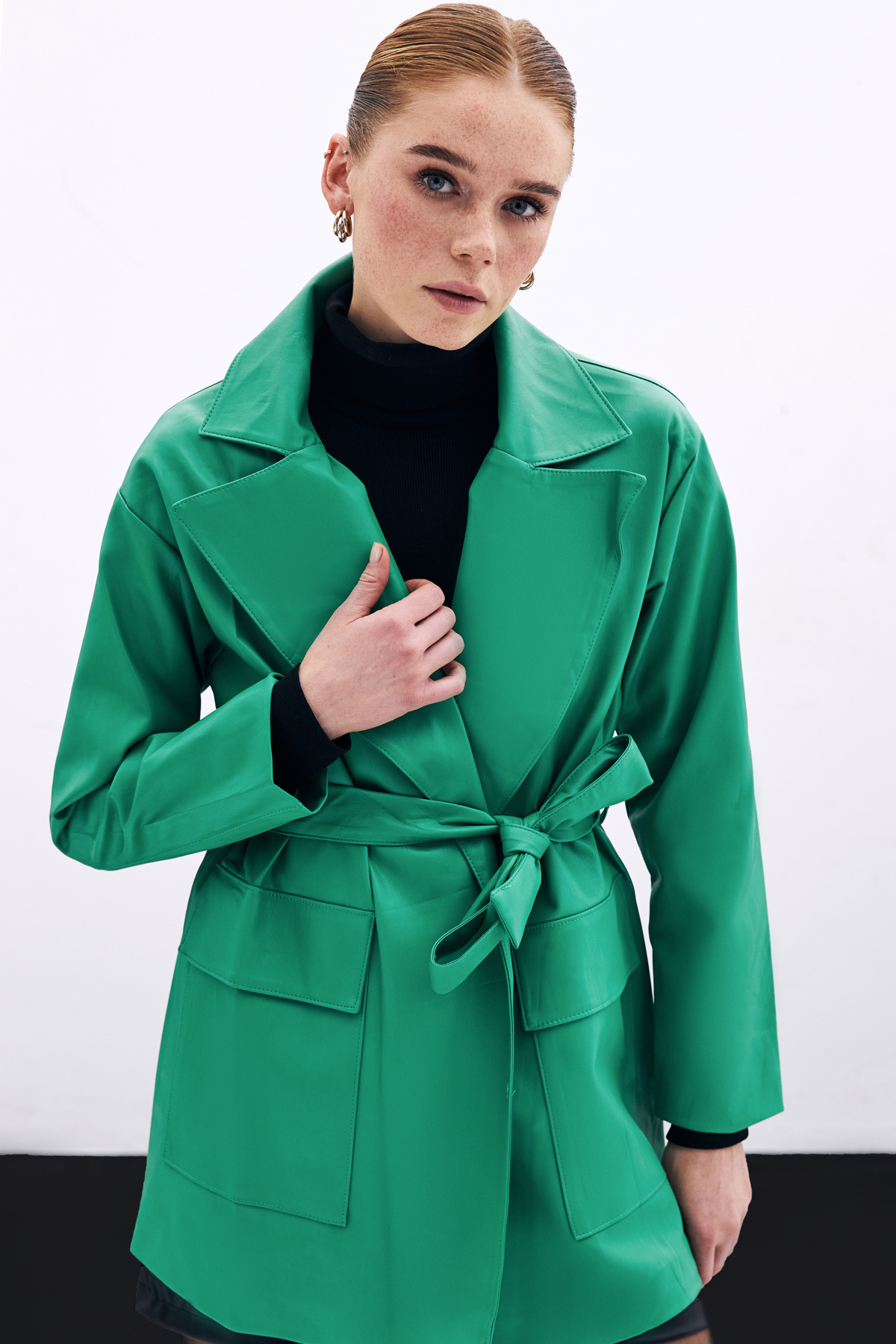 Kuşaklı Deri Ceket - Yeşil