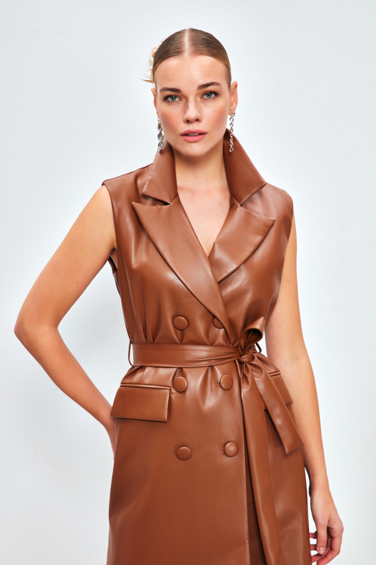 Kuşaklı Deri Yelek Elbise - KAHVE